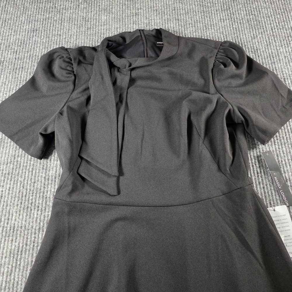 Maggy London Black Tie Neck Midi Dress Short Puff Sleeve Fit Flare Size 8 NEW - Picture 2 of 6